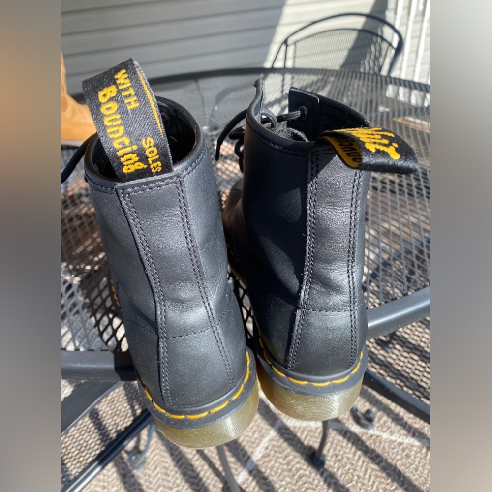 Dr. Martens Black Leather Combat Boots with Yellow Stitching - Picture 3 of 8